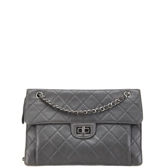CHANEL Gray Lambskin Leather Logo Shoulder Bag - Picture 1 of 13